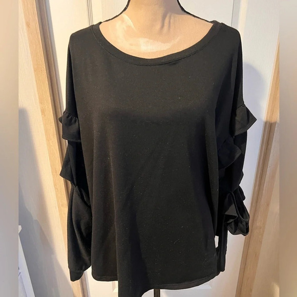 Lane Bryant black long sleeve top with cutout elbow and ruffle accents on sleeve - Picture 1 of 7